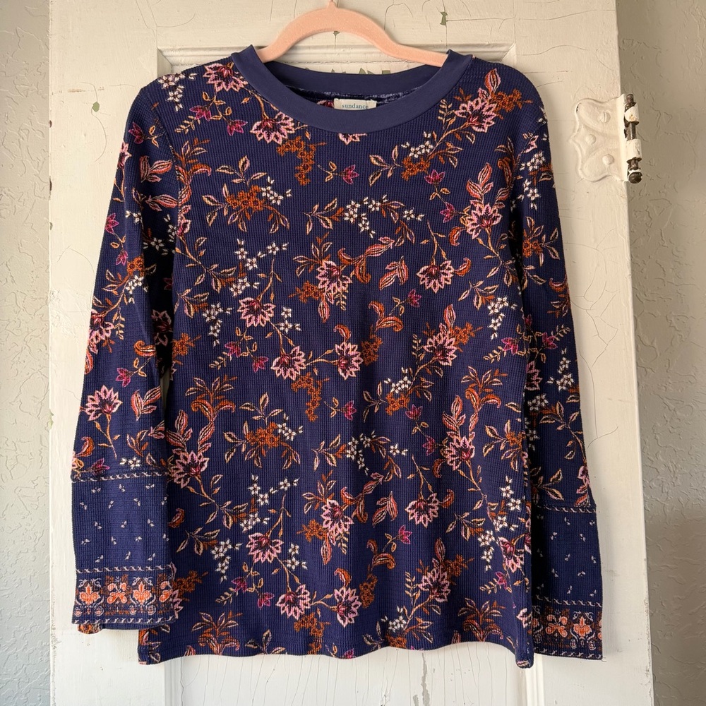 Sundance LP Navy Floral Waffle Knit Top Boho Long Sleeve Lightweight‎